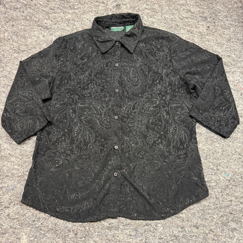Lemon Grass Studio Black Paisley Burnout Button Up Blouse 3/4 Sleeve Large